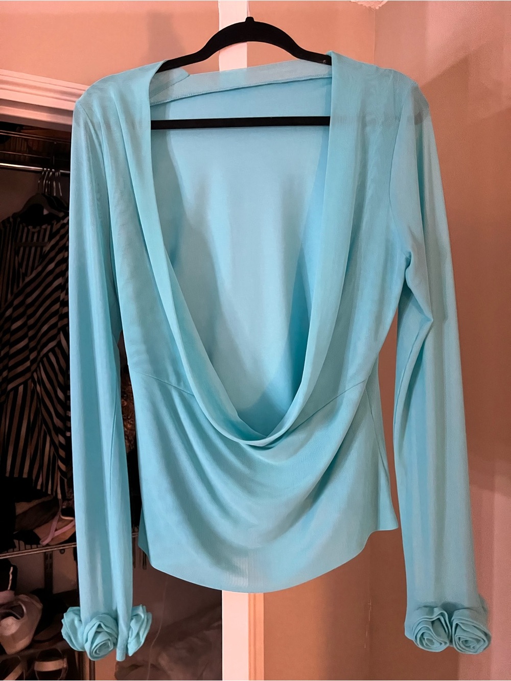 AFRM Light Blue Long Sleeve Sheer-Shoulder Blouse
